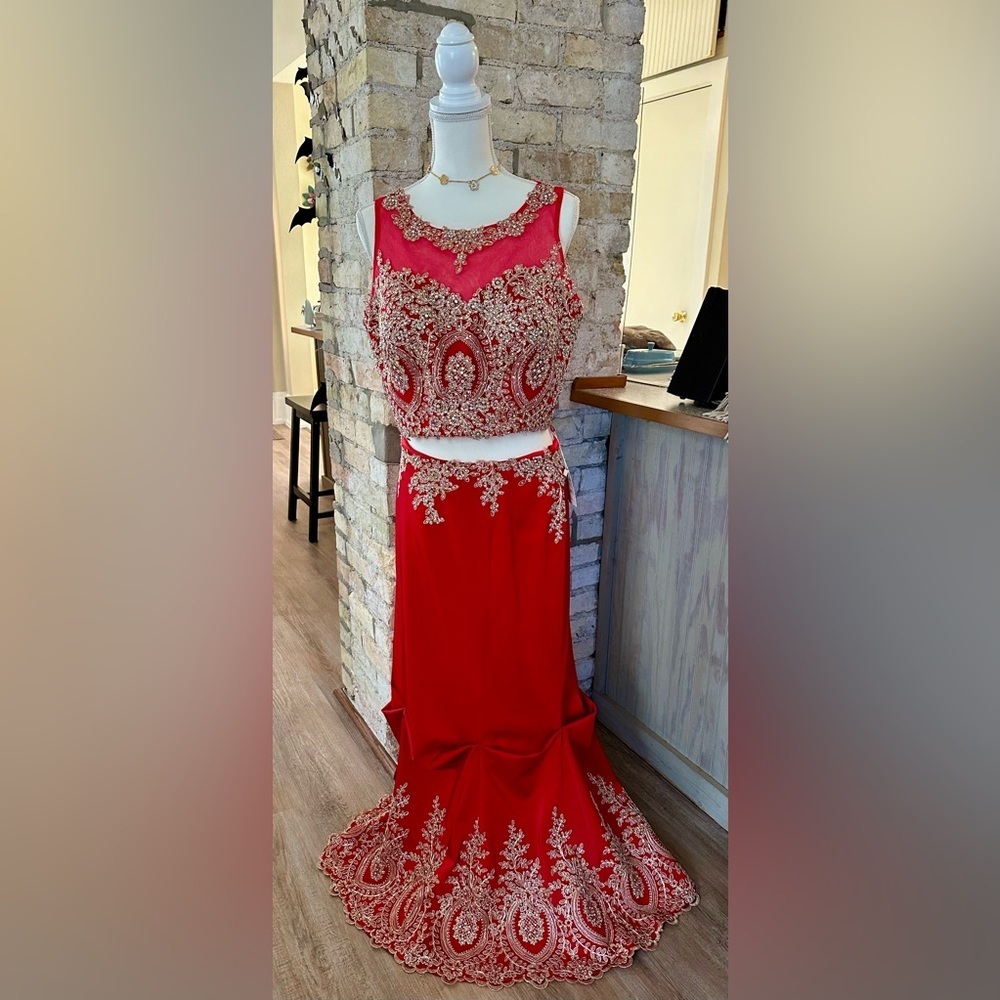 Red and Gold Embellished Sleeveless Gown
